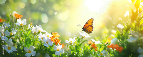 Nature spring background; spring flower and butterfly