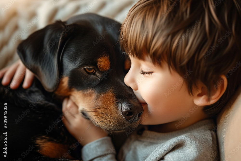 Cute boy playing with dog at home.
