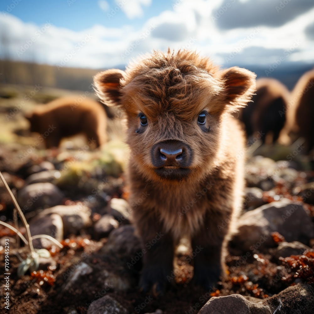Photo of a baby bison with its fluffy, chocolate-brown fur. Generative AI