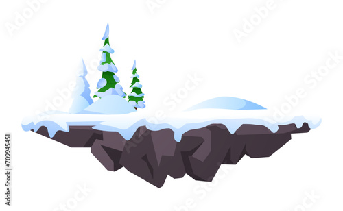Level platform, frozen forest land island floating, vector cartoon fantasy game rock stage with fir-trees and snowdrifts