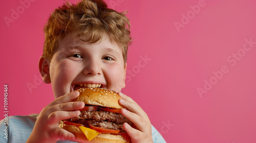 Overweight boy with yummy burger.