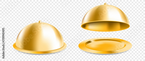 Metal golden tray with a cloche. Restaurant dish. Template isolated on transparent background. vector mockup