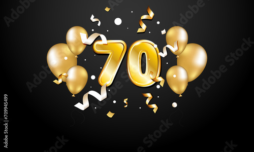The golden number 70 on a black background with golden balls and streamers. 70th anniversary.