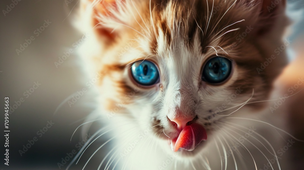 Amusing feline licks its lips. Close-up of a white and red kitty with gorgeous azure eyes gazing forward. Adorable famished cat. Photoshoot in a studio. Blank area for writing.