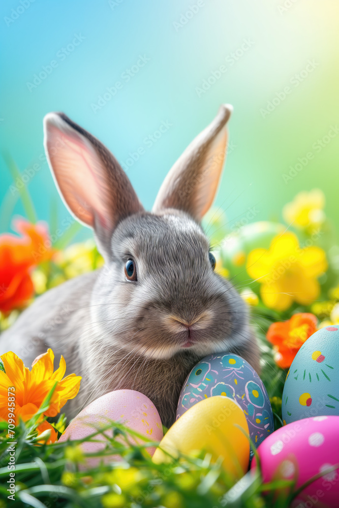 Adorable bunny with easter eggs in flowery meadow Adorable bunny with easter eggs in flowery meadow