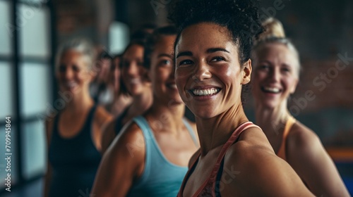 A group of athletic women smiling joyfully while gathered in a yoga studio for a workout session.