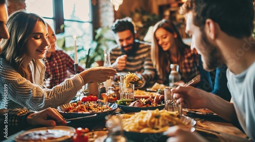 Joyful group of pals enjoying pasta at a home gathering - Happy individuals sharing a meal - Lifestyle idea with friends and acquaintances commemorating turkey day - Vibrant edit.