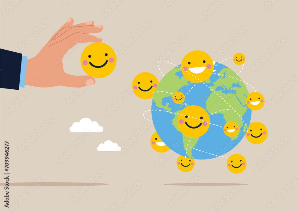 Hand put new funny and positive emoticons on world map across globe. Positive thinking, or an optimistic attitude. Flat vector illustration