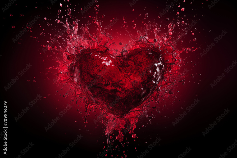 Red heart with water splash effect on dark background. Valentine's Day card - obrazy, fototapety, plakaty 
