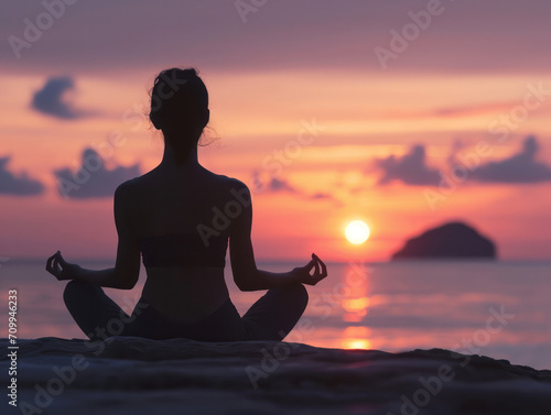 Woman practicing yoga on the beach at sunset. The concept of healthy lifestyle and relaxation.