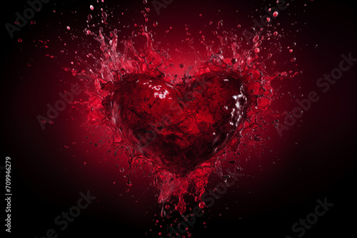 Red heart with water splash effect on dark background. Valentine's Day card