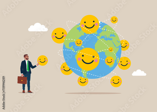 Increased emotional intelligence. Businessman put new funny and positive emoticons on world map across globe. Flat vector illustration