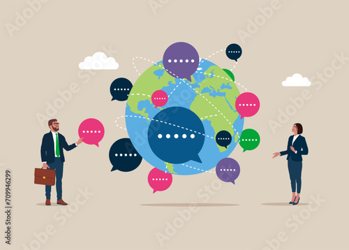 Talk or have lively discussion or conversation between on world map across globe. Art corporate communication between coworkers, manager and team. Flat vector illustration