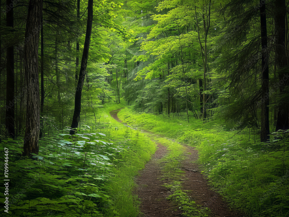 Obraz premium beautiful spring forest landscape with green trees and dirt road in the morning