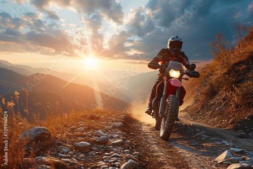 A male expert motorcyclist in complete gear riding a dirt bike on a mountain road at dusk. 3D illustration backdrop. Idea of speedy motorsport pastime adventure.