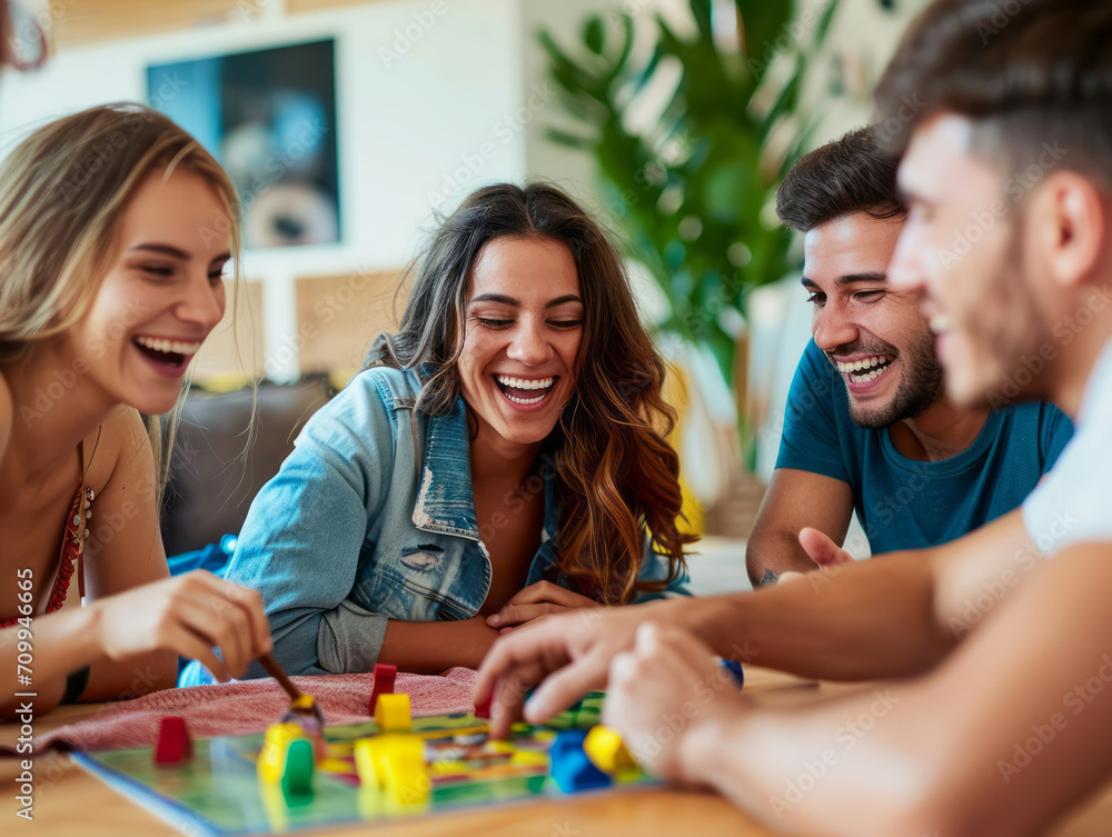 Group of friends playing board game at home. Group of young people having fun together.