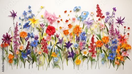 an exquisite array of colorful flowers meticulously placed on a clean white canvas.