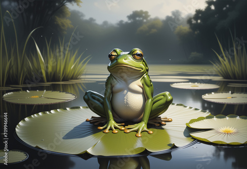A frog sits on a lotus leaf in the middle of a large lotus pond.