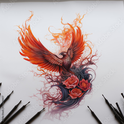 Drawing for a burning flying phoenix tattoo 