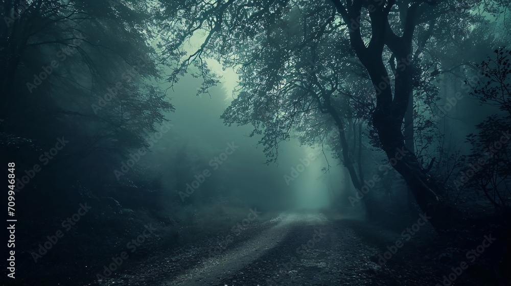Enigmatic dim woods with foggy path, eerie Halloween scenery of sinister trees.