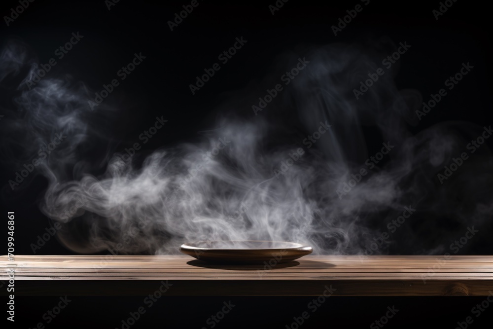 On a dark backdrop, an unfilled wooden table with vapor rising, providing space for showcasing merchandise. On a dark backdrop, an unfilled wooden table with vapor rising, providing space for showcasing merchandise.