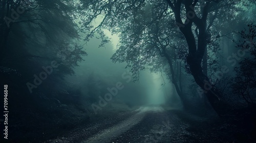 Enigmatic dim woods with foggy path, eerie Halloween scenery of sinister trees. © ckybe