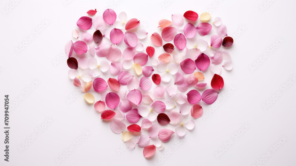 Heart made of roses petals on a white background , Valentine's Day concept 