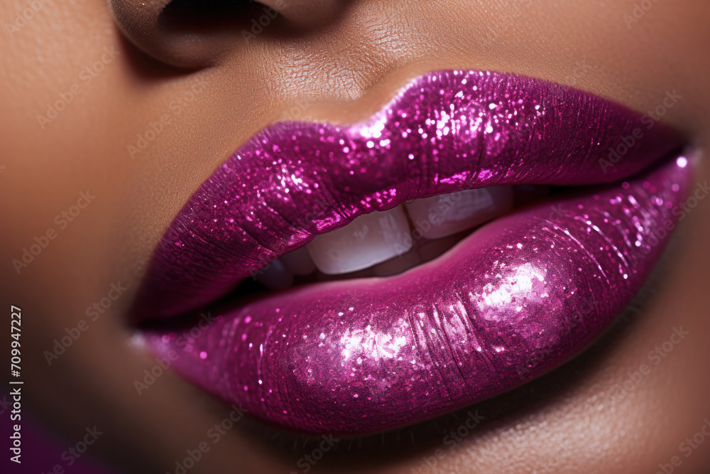 Bright pink glitter woman's lips close up Bright pink glitter woman's lips close up