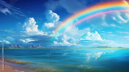 Beautiful scenery of blue sea with rainbow. AI generated image