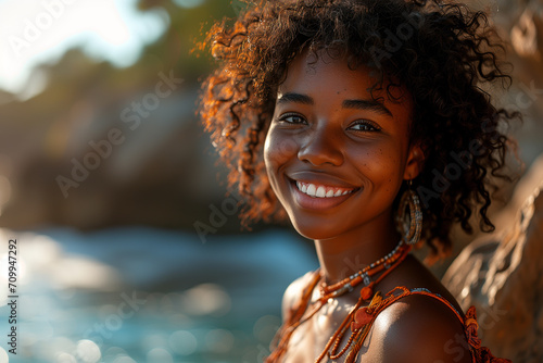 Beautiful young african woman with hat posing outdoors. Close-up of black woman face covered by wide-brimmed hat and dark shades, reclining posture. Suitable for fashion showcases.