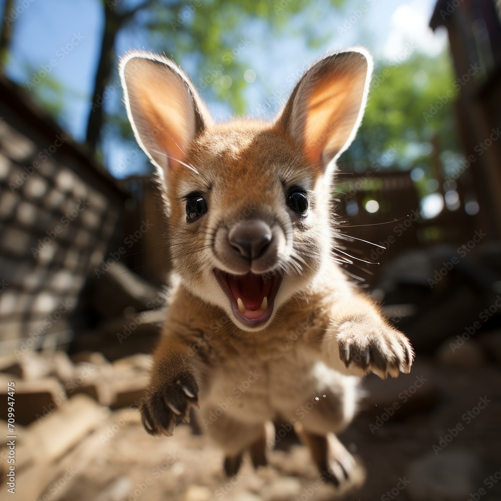 Photo of a baby kangaroo practicing its hops. Generative AI
