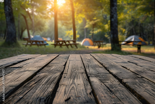 Foreground Wooden Table  Blurred Campsite Background  Outdoor Escape