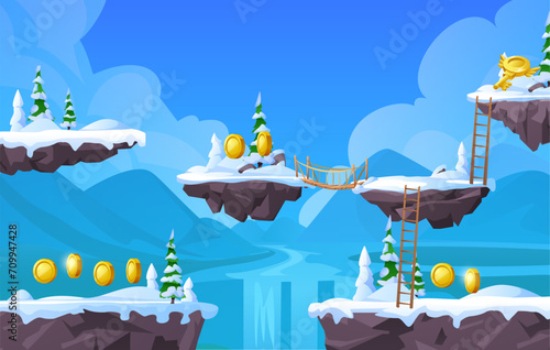 Arcade game scenery design with floating snowy islands, 2D vector illustration.
