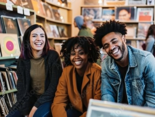 Group of happy students sitting on bookshelf in library, smiling