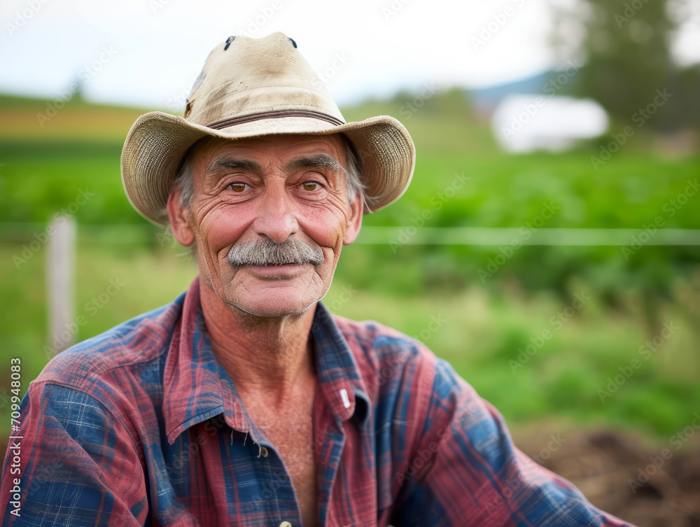 Portrait of a senior farmer in his garden, wearing a hat.