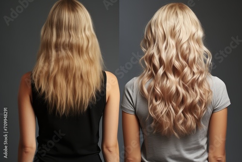 Blonde hair before and after, back view woman photo