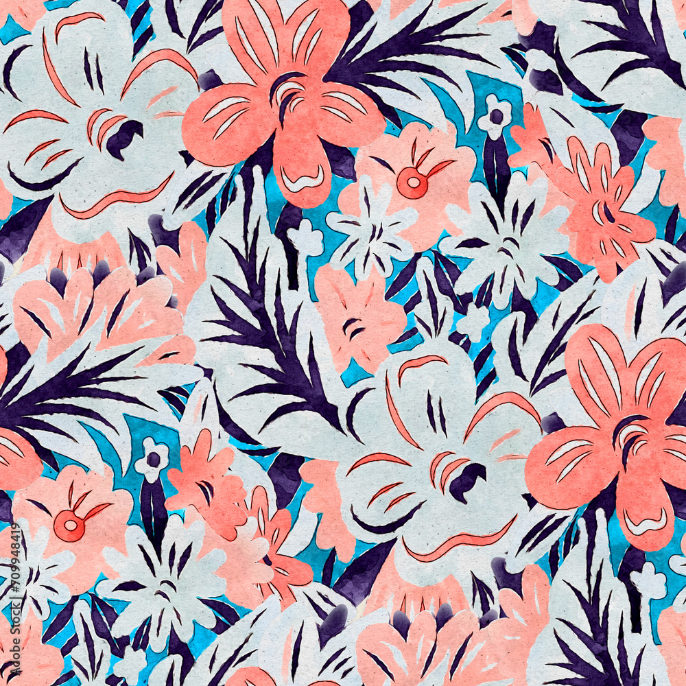 Seamless pattern with watercolor flowers. Hand-drawn illustration.