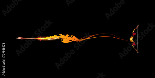 Bow decorated wings with shooting fire arrow, vector medieval wizard archery rays weapon for game, magic warrior asset