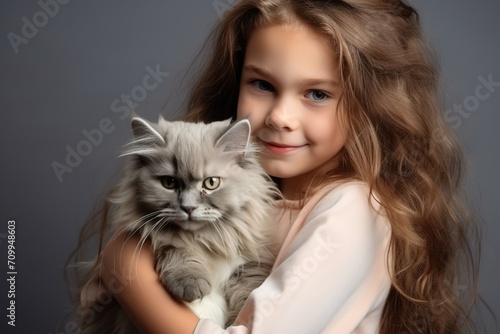 girl hugging a cat. Big gray fluffy cat. friendship. Keeping a pet. Snuggery. childhood