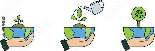 Earth Day. Vector illustration of plant growth process. Plant care. Experiment. Protect nature. Gardening. Bio, ecology, clean air. Garbage recycling. Conservation of resources.