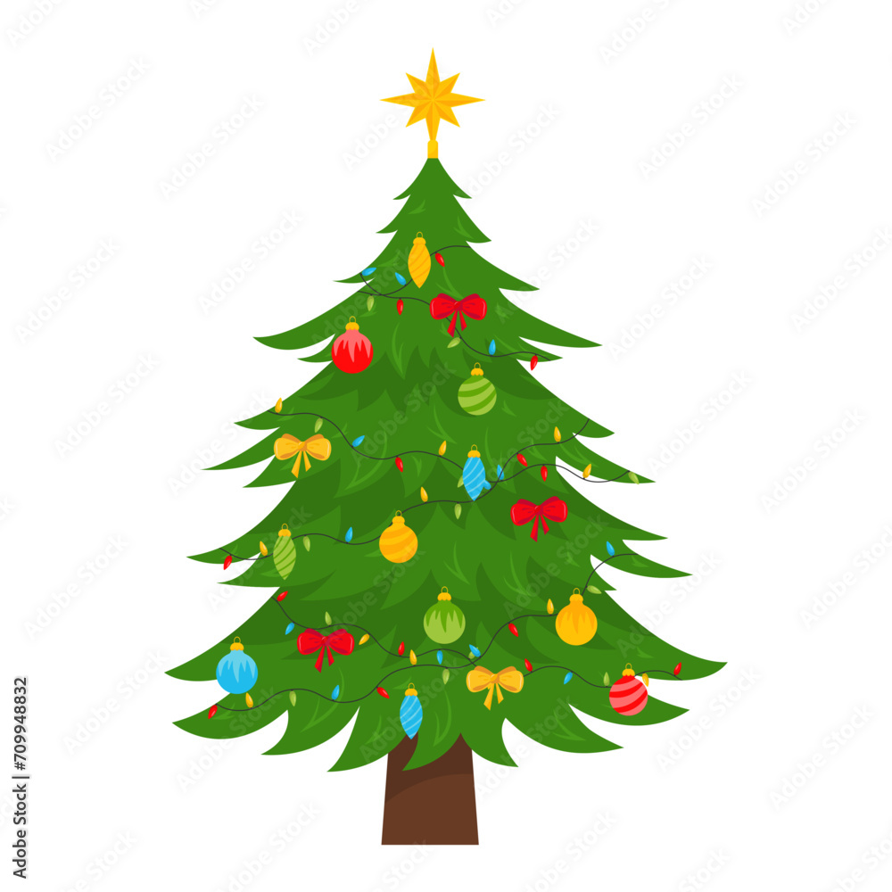 Decorated Christmas tree with a star, balls and a colorful garland. Vector illustration.