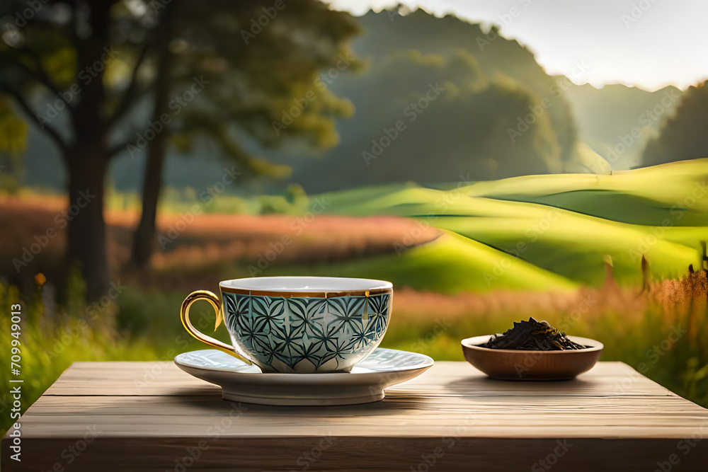 asian tea cup set , healthy herbal infusion in asian landscape
