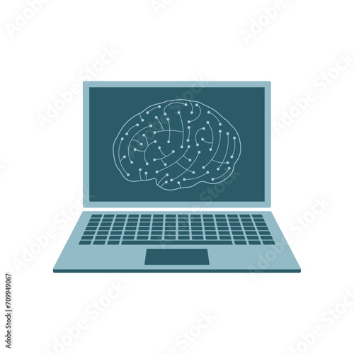 Menschliches Gehirn aus einer Leiterplatte als Metapher oder Symbol für künstliche Intelligenz abgebildet auf einem Laptop Computer Bildschirm.