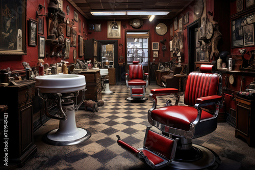 Barber shop interior with barber chair and armchair in vintage style © Ira