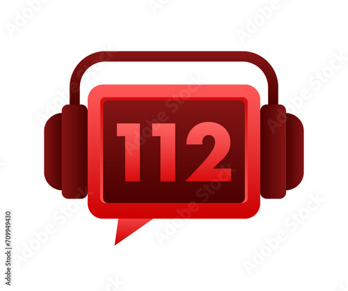 Emergency Service Headset Icon with Number 112, Red Communication Bubble for Immediate Assistance and Urgent Help
