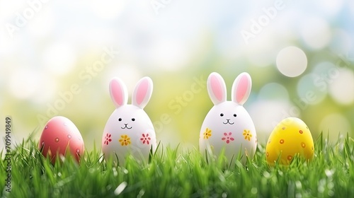 colorful easter eggs on grass background
