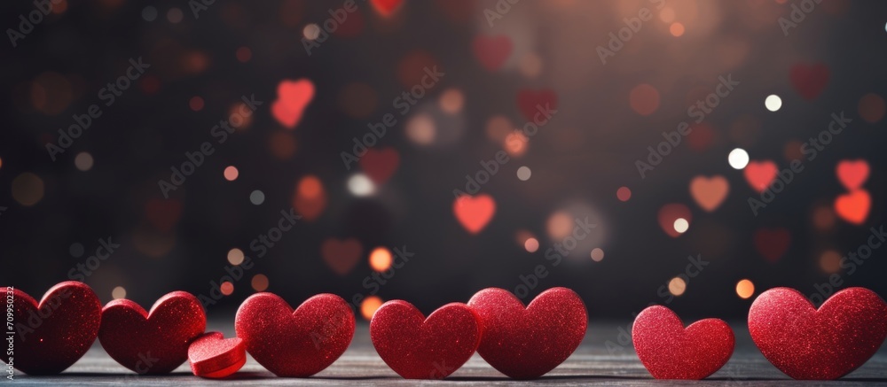 Wooden hearts on a dark background with blurry bokeh lights. Wooden hearts on a dark background with blurry bokeh lights.