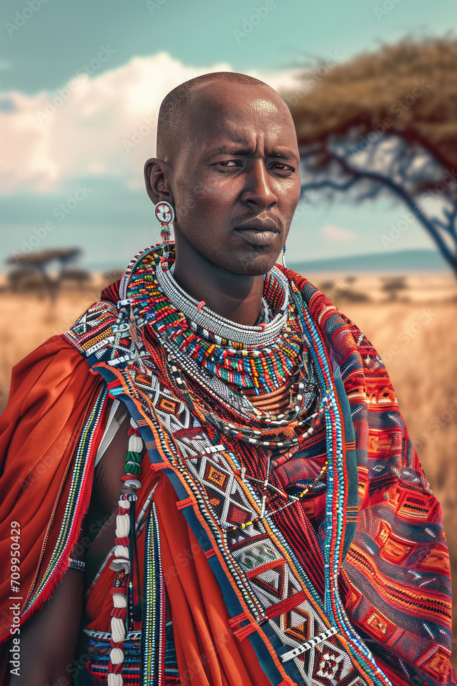 A 30 - year - old Maasai warrior from Kenya, adorned in traditional red shuka and beaded ornaments.