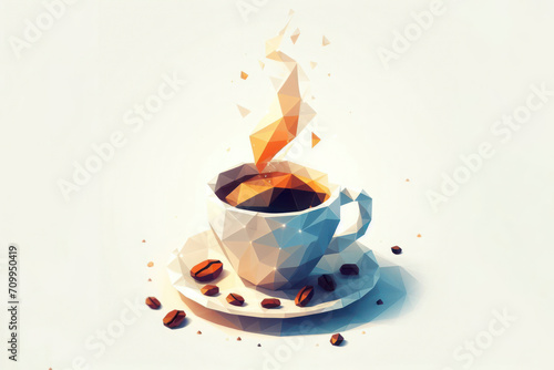 Low poly image of Cup of coffee with steam on solid white bright background. ai generative