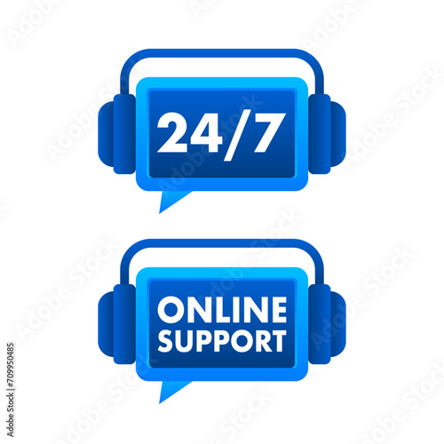 24 7 and Online Support icons with headphones, showcasing round-the-clock customer service and internet assistance for businesses and web services